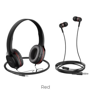 Дротові накладні + вакуумні навушники (комплект) Hoco W24 Premium Black-Red для телефону та комп'ютера з мікрофоном