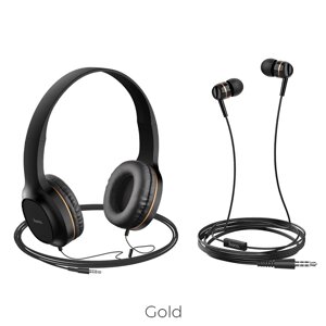 Дротові накладні + вакуумні навушники (комплект) Hoco W24 Premium Gold для телефону та комп'ютера з мікрофоном