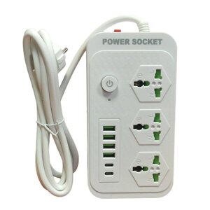 Мережевий фільтр подовжувач з вимикачем та заземленням Power Socket J07 на 3 розетки + 4 USB 3.4A та 2 Type-C Білий