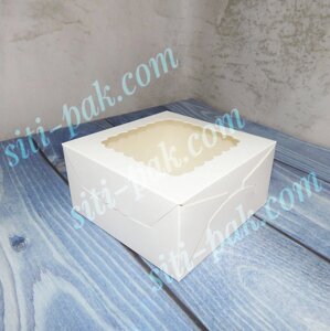 Коробка універсальна З ВІКНОМ для тістечок, зефіру біла 140*140*70мм