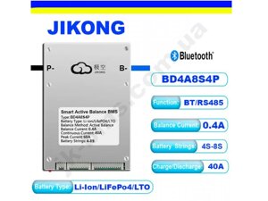 BMS 40A 4S-8S Lifepo4/Li-ion/LTO з активним балансуванням 0.4A (JK-BD4A8S4P) з кнопкою активації JiKong