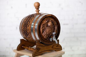 Бочка дубова Орел 5л. для самогону, вина, коньяку, кальвадосу, віскі, бренді. Покриття воском у Подарунок!