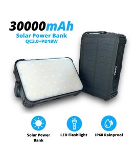 УМБ із сонячною панеллю та кемпінговим ліхтарем на 28 LED VHG DN53 30000 mAh QC3.0+PD18W Wireless Solar Charger Black