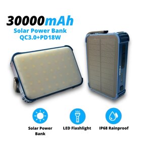 УМБ із сонячною панеллю та кемпінговим ліхтарем на 28 LED VHG DN53 30000 mAh QC3.0+PD18W Wireless Solar Charger Blue