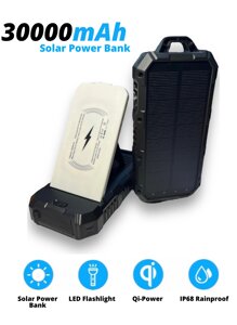 УМБ із сонячною панеллю та кемпінговим ліхтарем на 30 LED VHG HDL-528 30000 mAh Wireless Solar Power Charger, Black