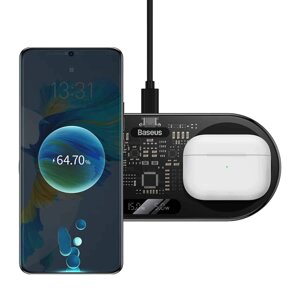 Швидка Бездротова зарядка 2 в 1 Baseus Digital LED Display 2in1 Wireless Charger 20W Black