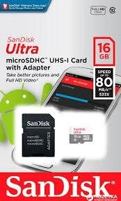 Карта пам'яті microSDHC 16Гб Class 10 (UHS-1) 80Мб/с SanDisk Ultra + adapter SD