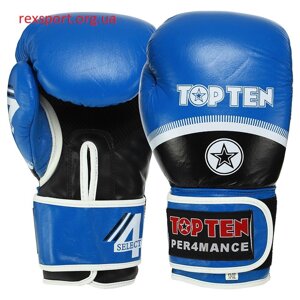 Рукавиці боксерські шкіряні на липучці TOP TEN PERFORMANCE TOP-041 сині чернетки (10-14унц)