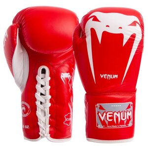 Рукавиці боксерські шкіряні на шнурівці VENUM GIANT VL-5786 червоні 10-12унц