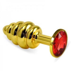 Ребриста золотиста анальна пробка з червоним кристалом Rosebud Spiral Metal Plug