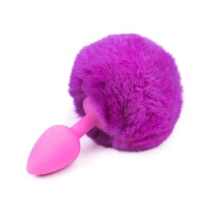 Рожевий силіконовий анальний затор з фіолетовим хвостиком Silicone Fur Tail Plug