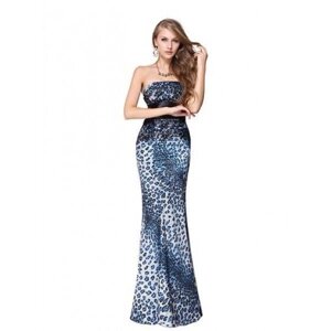 Вечірня довга сукня синього кольору з леопардовим принтом