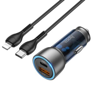 Автомобільний зарядний пристрій HOCO NZ8 Sprinter 43W dual port PD25W+QC3.0 car charger set (C to iP) Blue