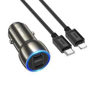 Автомобільний зарядний пристрій HOCO Z48 Tough 40W dual port (2C) car charger set (C to iP) Metal Gray