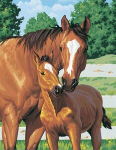Набір Алмазна мозаїка вишивка Кінь з лошадкою Мама з дитиною на підрамнику повна 5d 30х40