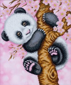 Набір для вишивки бісером "Панда" ліс, сад, бамбук, японська вишня, гори часткова викладка, 29х35 см