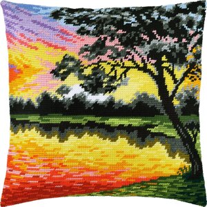 Набір для вишивання подушки хрестом Захід сонця ліс природа Страмін із пряжею Zweigart напівхрест 40х40 см