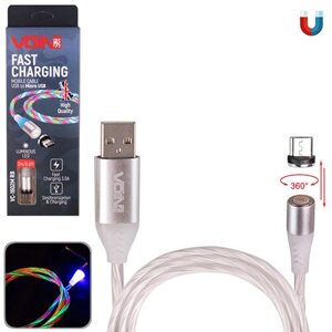 Кабель магнітний Multicolor LED VOIN USB — Micro USB 3 А, 2 m (швидке заряджання/передавання даних (VC-1602M RB)