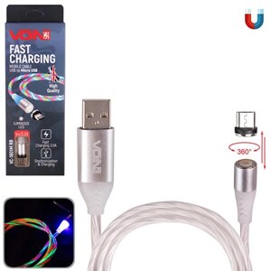 Кабель магнітний VOIN Multicolor LED USB — Micro USB 3 А, 1 m, black (швидке заряджання/передавання даних) (VC-1601M