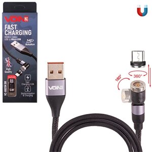 Кабель магнітний VOIN Multicolor LED USB — Micro USB 3 А, 1 m, black (швидке заряджання/передавання даних) (VC-6601M