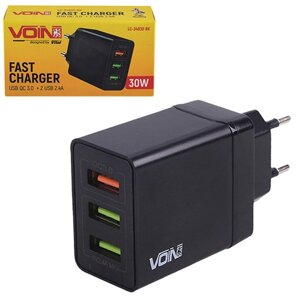 Мережевий зарядний пристрій VOIN 30 W, 3 USB, QC3.0 (port 1-5V*3A/9V*2A/12V*1.5A. port 2/3-5V2.4A) (LC-3483030