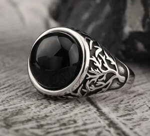 Перстень Чорне Древо з обсидіаном (сталь )