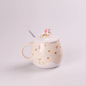 Чашка керамічна Rainbow Ceramic Mug 400ml з кришкою і ложкою Бежевий