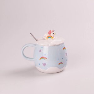 Чашка керамічна Rainbow Ceramic Mug 400ml з кришкою і ложкою Блакитний