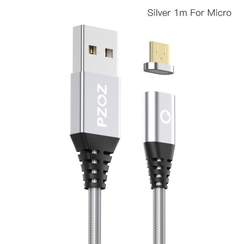 Магнітний кабель для заряджання телефона, смартфона Pzoz USB — Micro USB 1 метр VF11543 Сріблястий від компанії А11 - фото 1