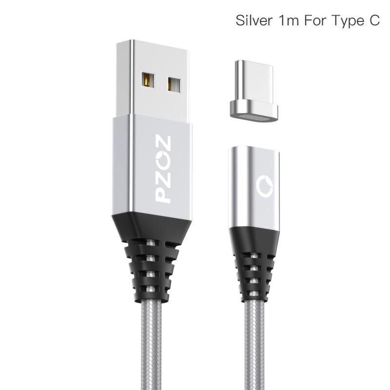 Магнітний кабель для заряджання телефона, смартфона Pzoz USB — Type-C 1 метр VF11543 Сріблястий від компанії А11 - фото 1