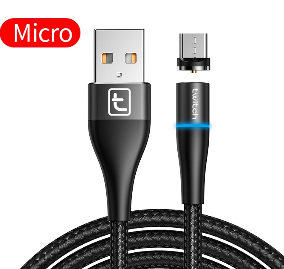 Магнітний кабель для заряджання телефона, смартфона Twitch USB — Micro USB 1 метр CD22134 Чорний від компанії А11 - фото 1