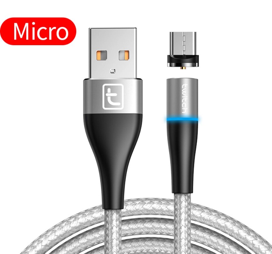 Магнітний кабель для заряджання телефона, смартфона Twitch USB — Micro USB 1 метр CD22134 Сріблястий від компанії А11 - фото 1