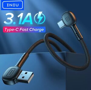 Кабель кутовий 90 градусів для швидкого заряджання Quick Charge 3.1 A Iniu USB — Type-C 2 метри CD31154 Чорний