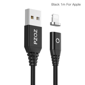 Магнітний кабель для заряджання телефона, смартфона Pzoz USB — Lightning 1 метр VF11543 Чорний