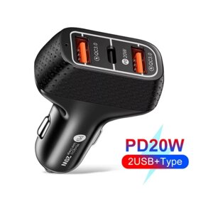 Автомобільний зарядний пристрій 3 port PD USB-C — QC USB FR87. Заряджання в машину