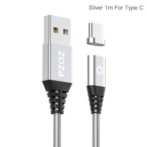 Магнітний кабель для заряджання телефона, смартфона Pzoz USB — Type-C 1 метр VF11543 Сріблястий