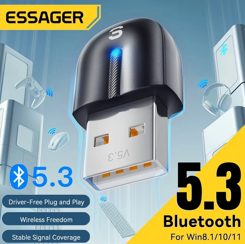 USB Bluetooth 5.3 Адаптер Essager. ПЗБ блютус, блютуз-адаптер для комп'ютера, ПК, ноутбука VRE76 від компанії А11 - фото 1