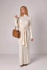 Сукня максі в рубчик з широким поясом - молочний цвет, ONE SIZE (є розміри)