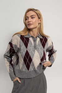 Жіночий укорочений светр поло з ромбами - бордо цвет, ONE SIZE (є розміри)