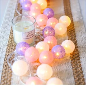 Гірлянда Cotton Balls "Бавовняні кульки" 20 куль Мікс кольори ( рожевий,білий,фіолетовий)
