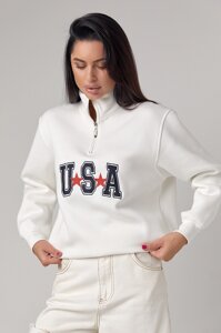 Світшот з коміром на блискавці та вишивкою USA - молочний цвет, L (є розміри)