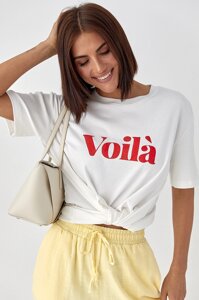 Однотонна футболка з написом Voila - молочний цвет, M (є розміри)