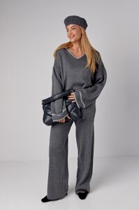 Жіночий костюм oversize з вільними штанами та кофтою-поло - темно-сірий цвет, ONE SIZE (є розміри)