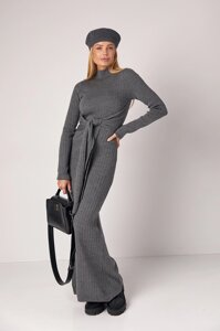 Сукня максі в рубчик з широким поясом - сірий цвет, ONE SIZE (є розміри)