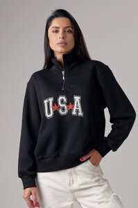 Світшот з коміром на блискавці та вишивкою USA - чорний цвет, S (є розміри)
