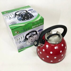 Чайник із свистком для газової плити Unique UN-5301 2,5л горошок, гарний чайник для плити. Колір: червоний