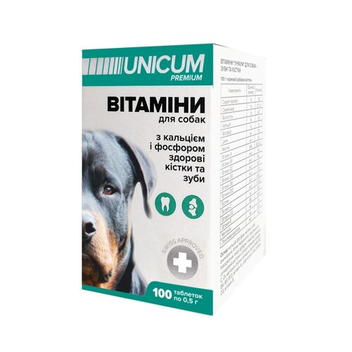 Вітаміни UNICUM premium для собак зуби та кістки 100табл. 100г