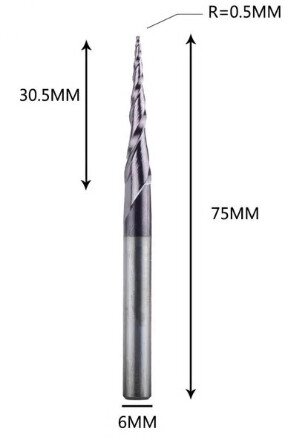 Фреза конусна для ЧПУ R0,5-D6-L75-l30,5 від компанії SOLID TOOLS - фото 1