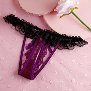 Еротичні Трусики Стрінги Жіночі з вирізом чорні з фіолетовим Розмір M - L