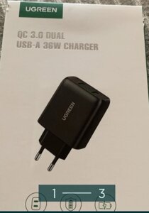 Блок живлення: UGREEN QC 3.0 DUAL USB-A 36W. CHARGER